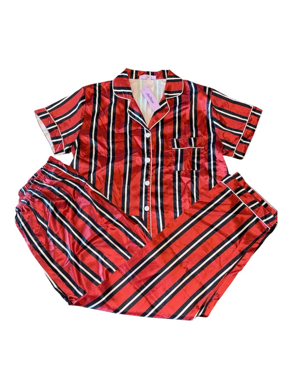 Women’s Orange Striped Satin Pajama Set - Classic Short Sleeve & Pants